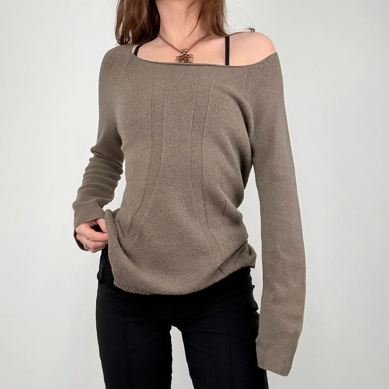 slouchy brown knit off the shoulder jumper