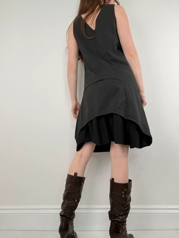 black deconstructed flared midi dress