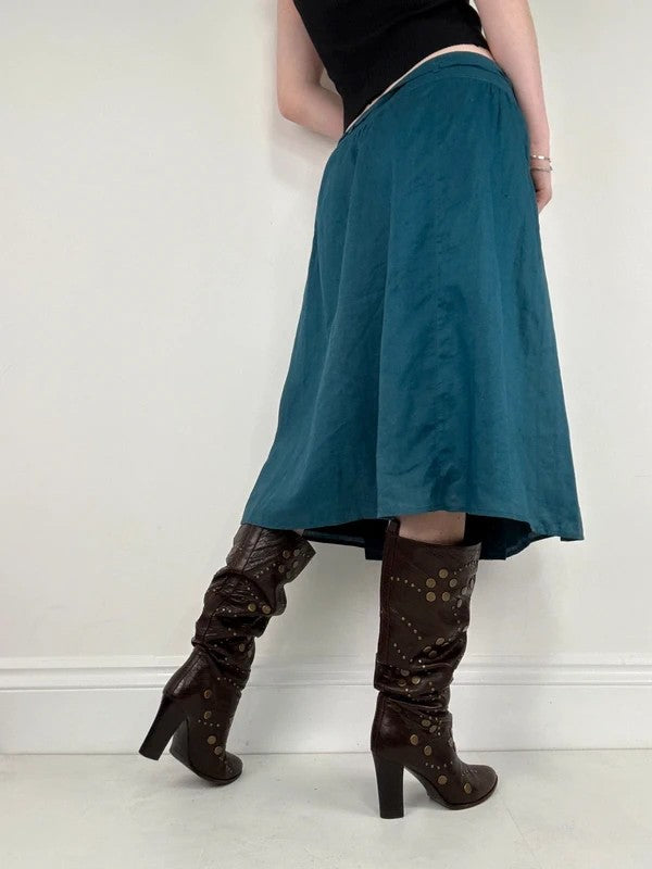 blue linen embroidered wrap lace midi skirt