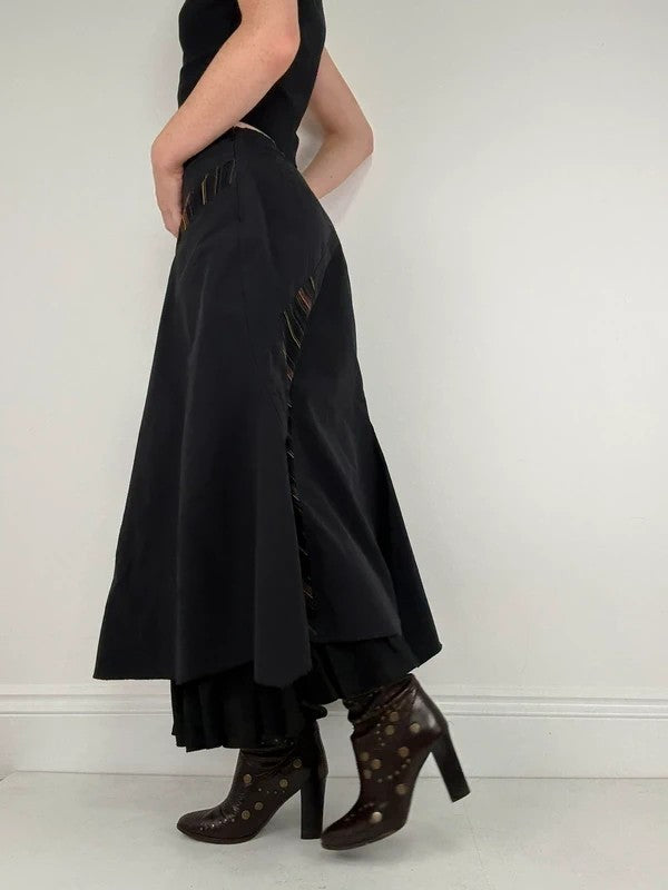 Black flared pleated pinstriped layered maxi skirt