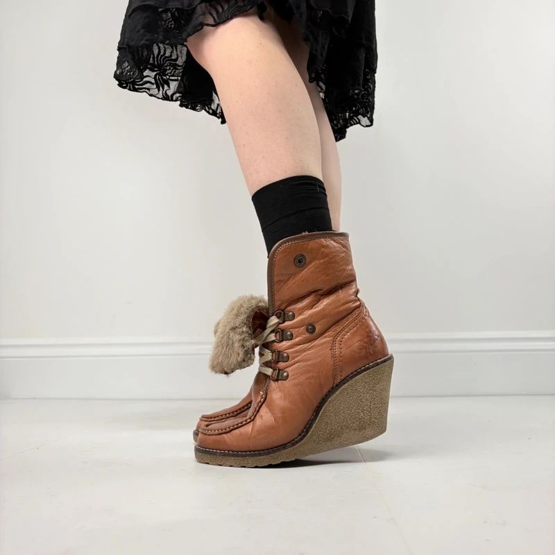 tan sheepskin leather wedge boots