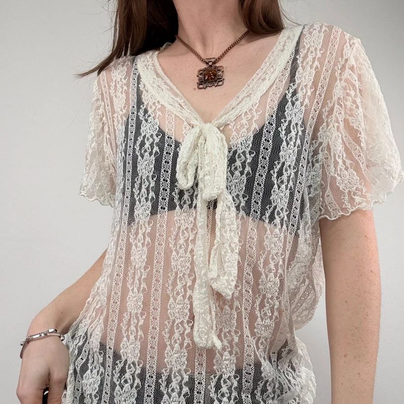 sheer cream lace floral mesh bow top