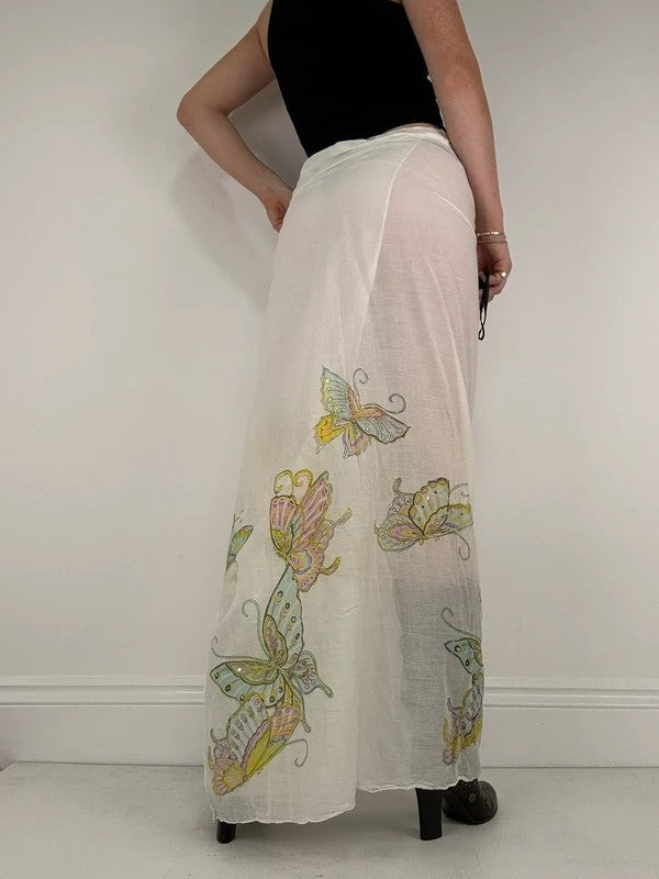 White cotton sheer butterfly summer maxi cover-up