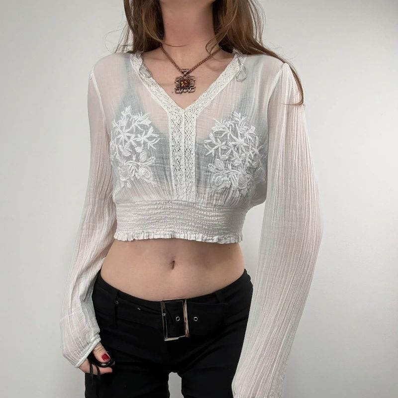 white cotton floral embroidered blouse