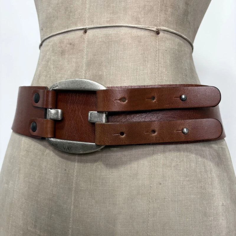 brown leather chunky buckl belt