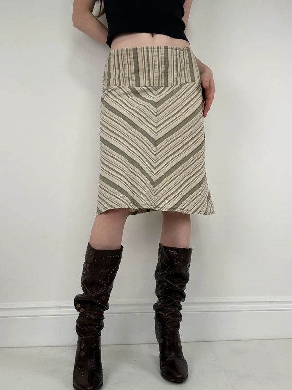 khaki striped chevron pinstripe midi a-line skirt