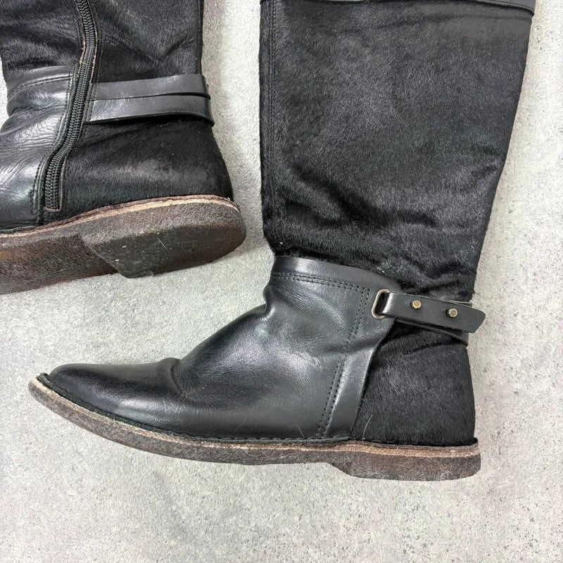 Black leather cowhide pony skin knee high boots