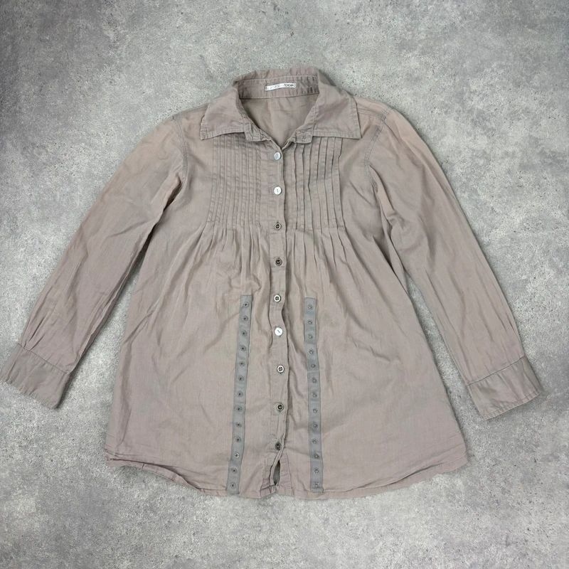 brown pleated flared patchwork button shirt