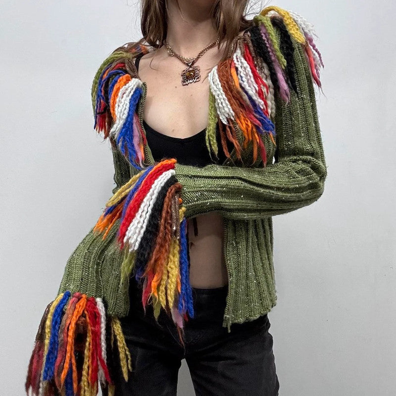 ribbed knit tassel flared cardigan