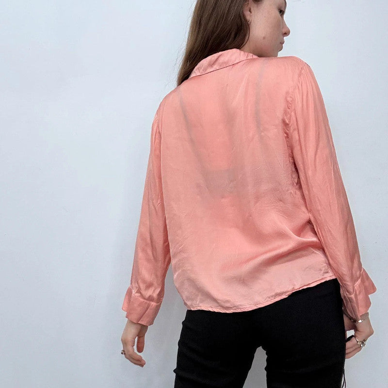 pink silky satin wrap button shirt