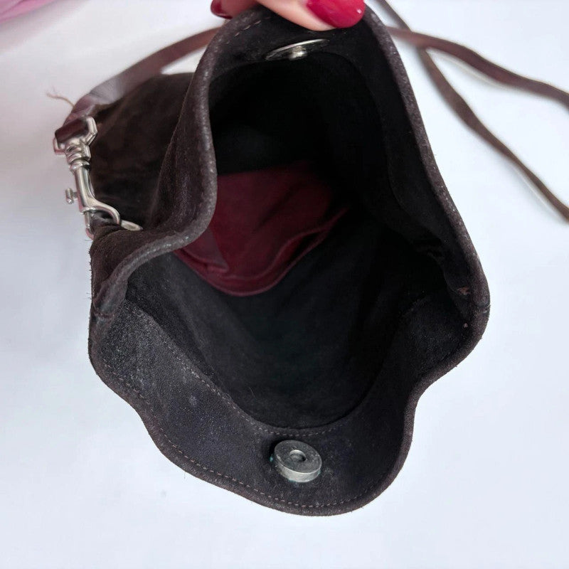 dark brown suede asymmetric fold over crossbody bag