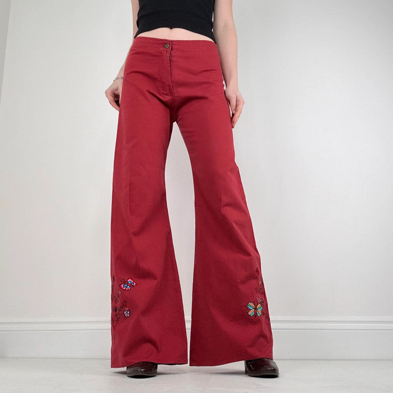 red cotton wide leg flared embroidered trousers