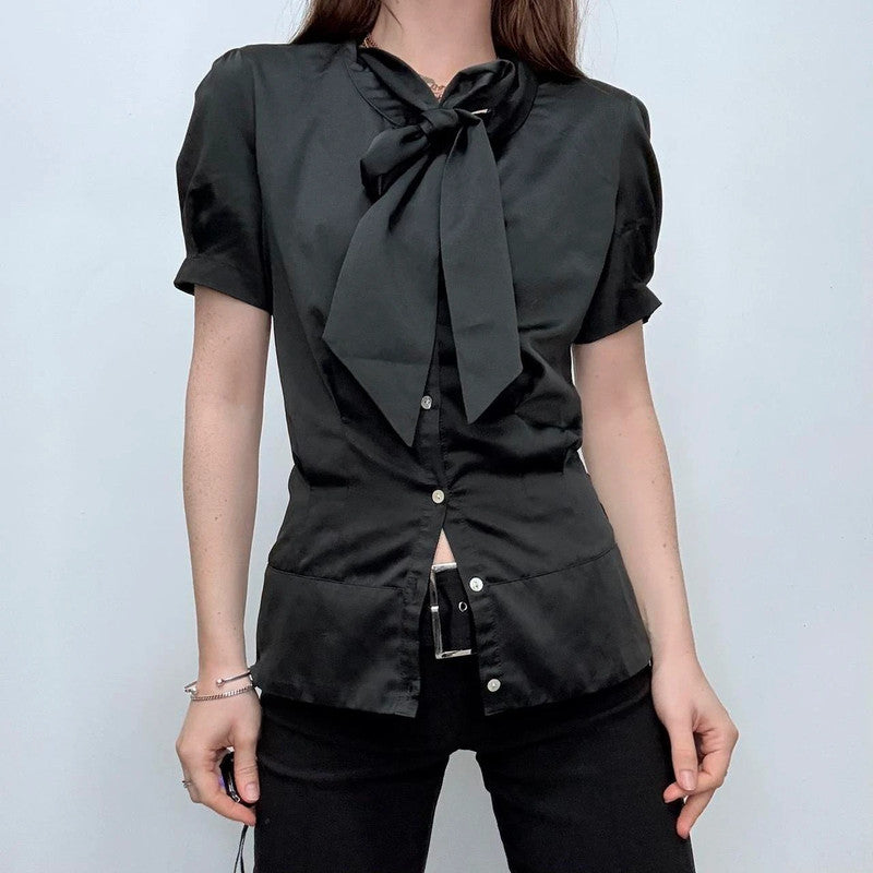 black satin fitted bow shirt