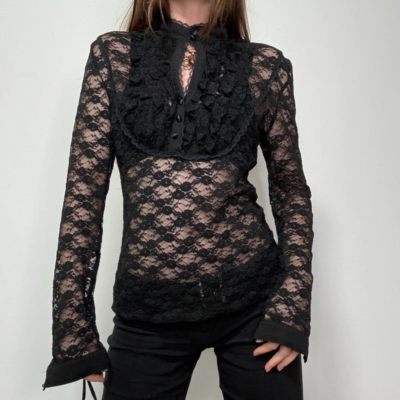 black lace fitted ruffle shirt
