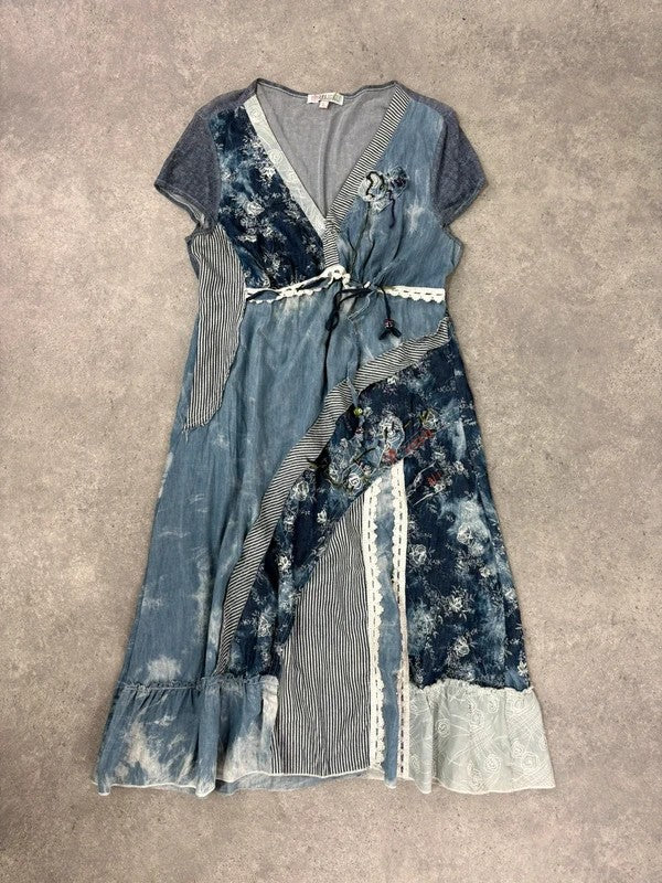 Floral lace blue flared patchwork midi dress