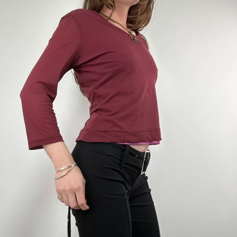 layered burgundy slouchy 3/4 length sleeve t-shirt