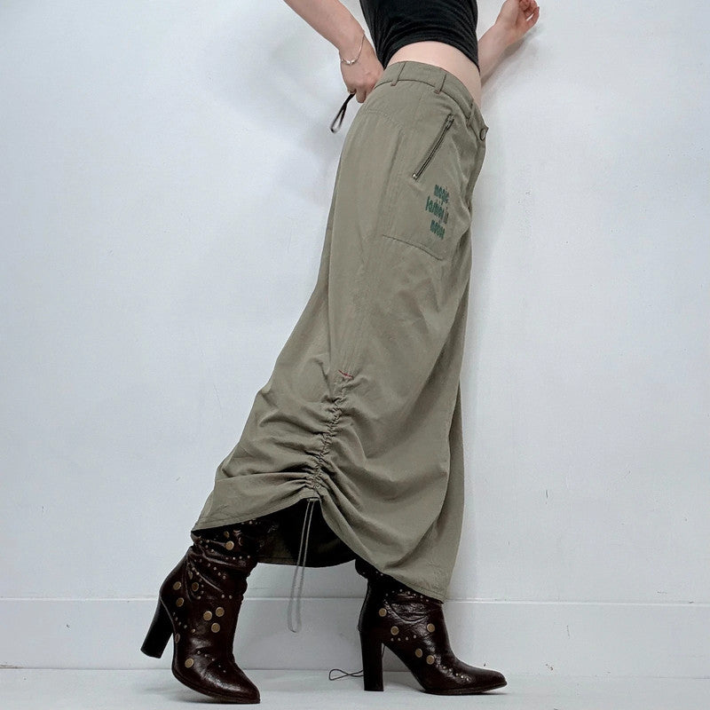 khaki gathered cinched maxi skirt