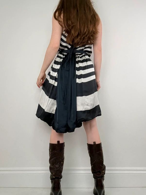 Navy and white striped asymmetric midi dress