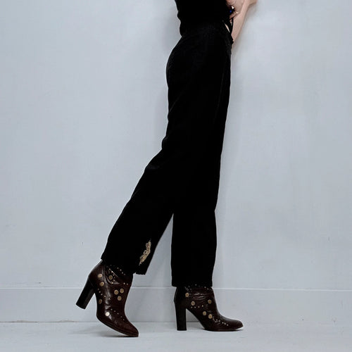 black linen wide leg embroidered trousers