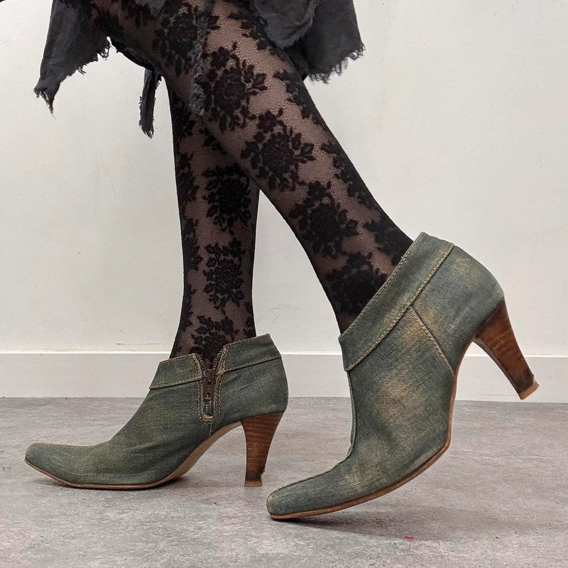distressed denim archival heels
