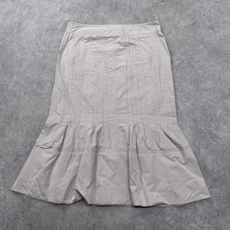 tan pleated flared midi skirt