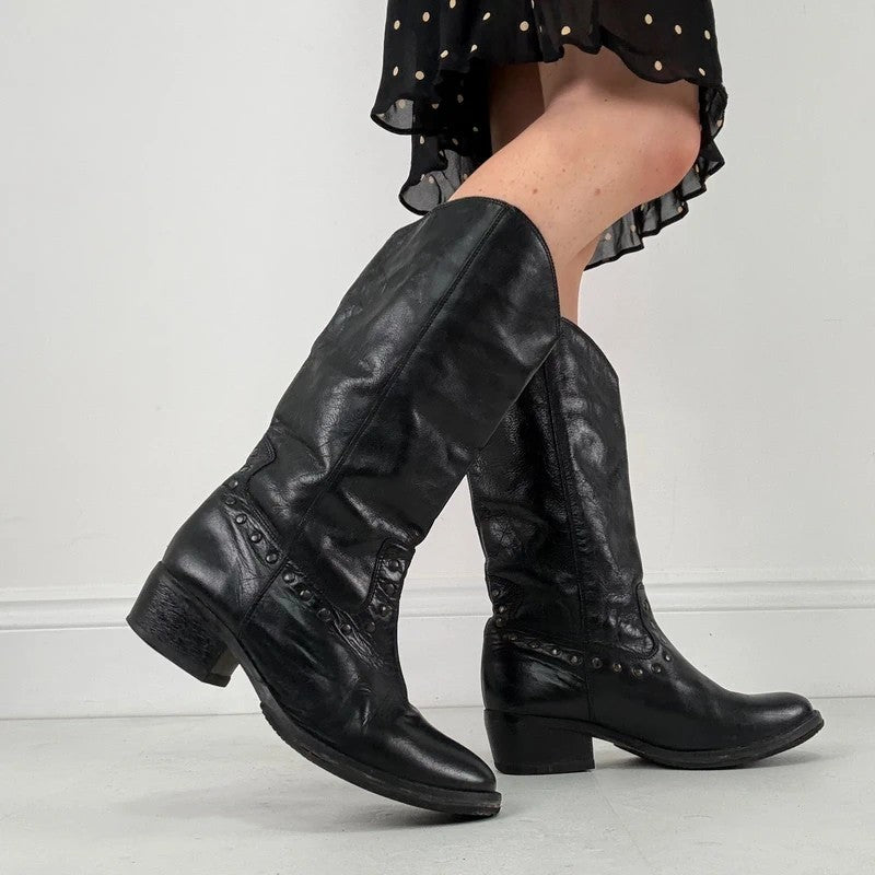 Black leather studded boots