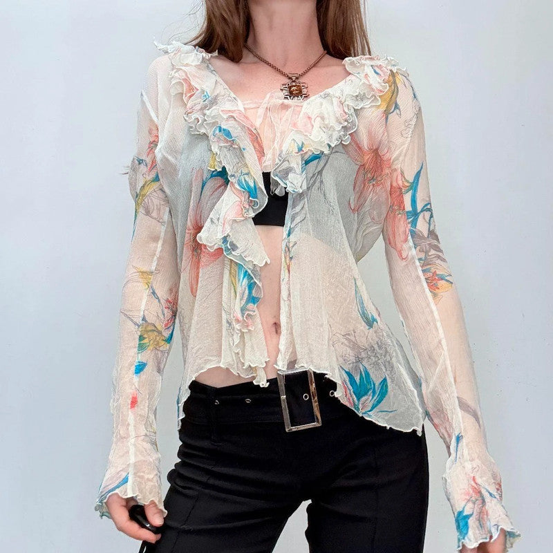 sheer crinkle silk flutter shirt