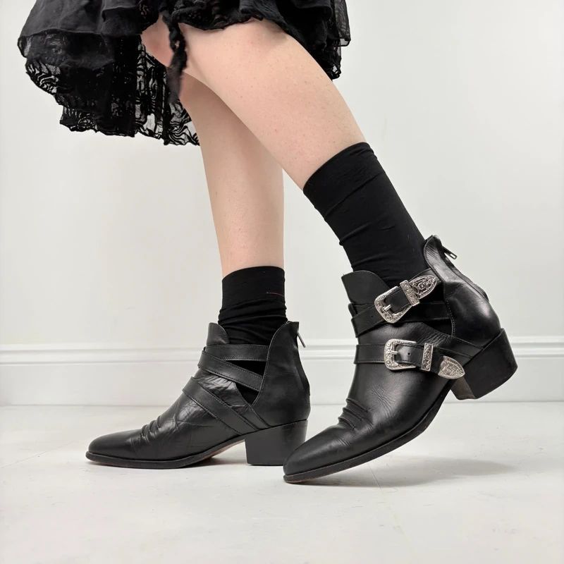 The Kooples black leather buckle western boho boots
