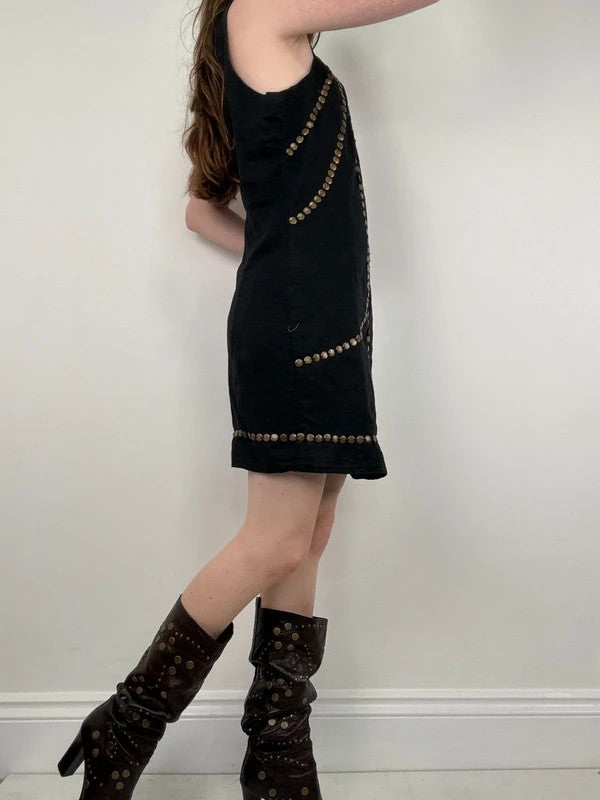 black linen metal gold studded mini Y2K party dress