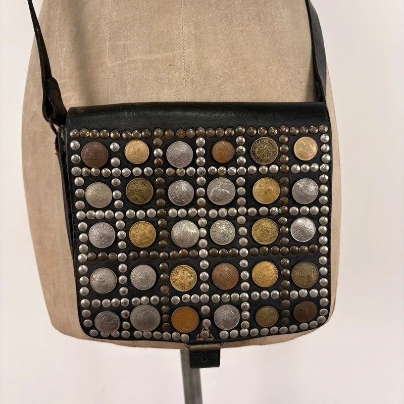 Black leather studded coin bag