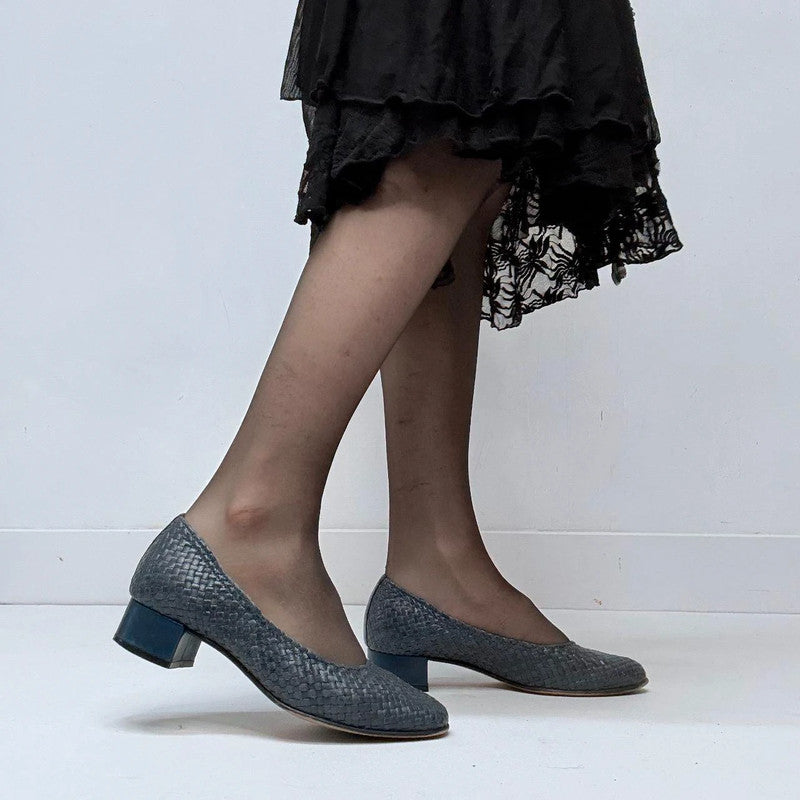 navy woven leather heel ballet pumps