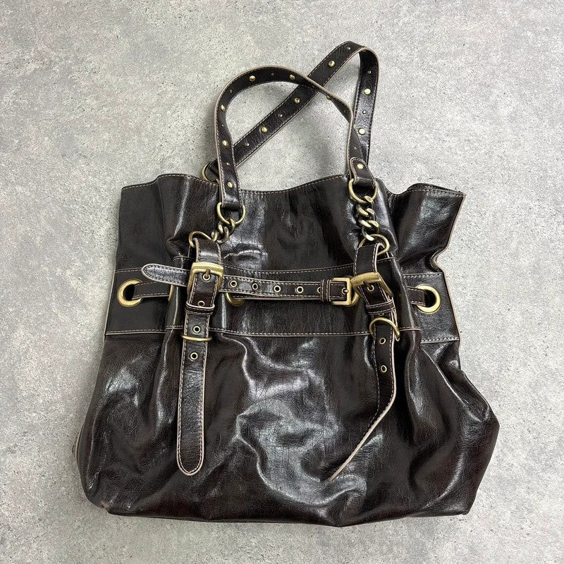 Chunky brown buckle chain shoulder bag