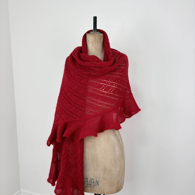 red mohair pointelle wool scarf
