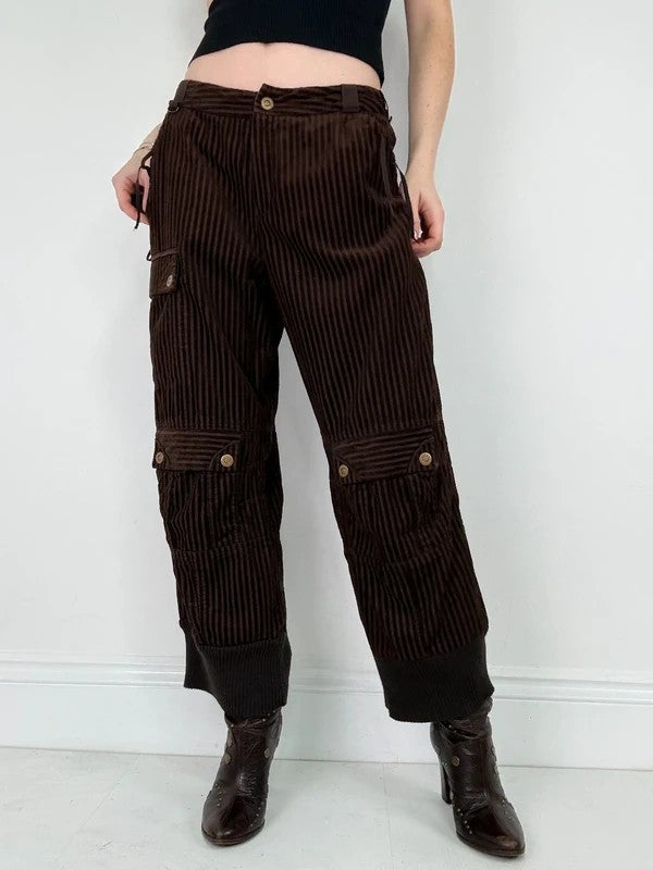 brown pinstriped ribbed Jumbo cord capri trousers