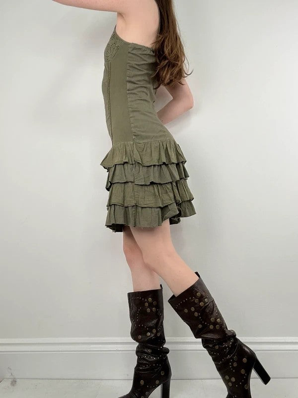 Khaki cotton ruffle lace mini dress