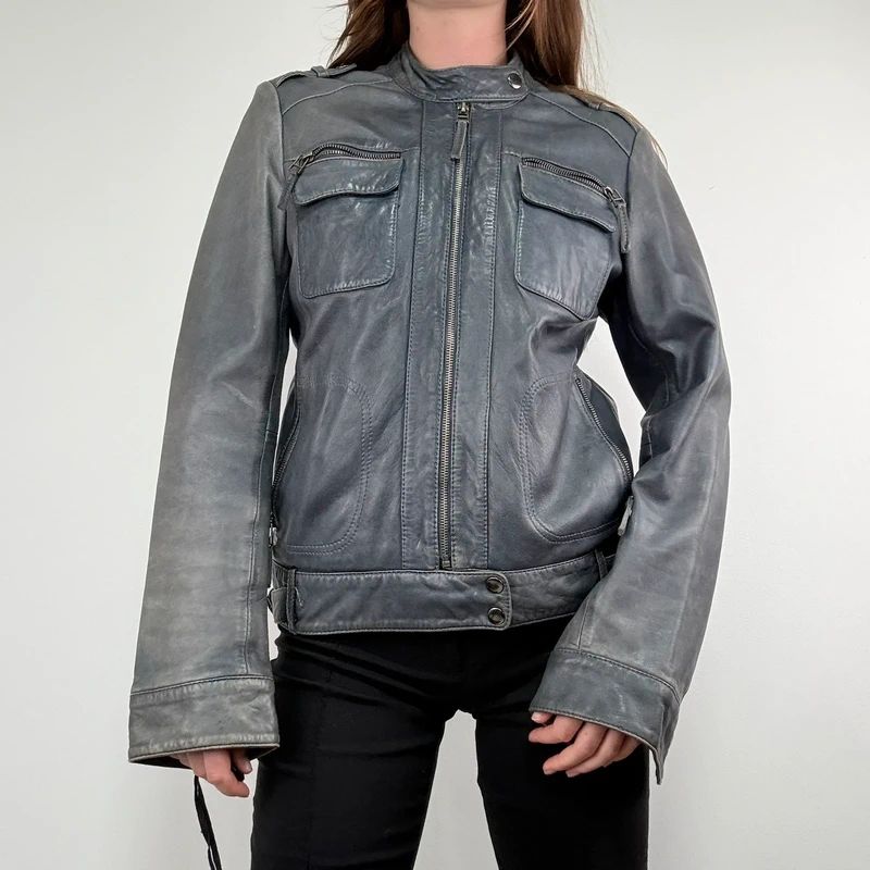 distressed leather boxy biker jacket