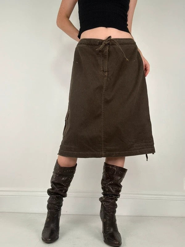 brown khaki pinstripe a-line midi skirt