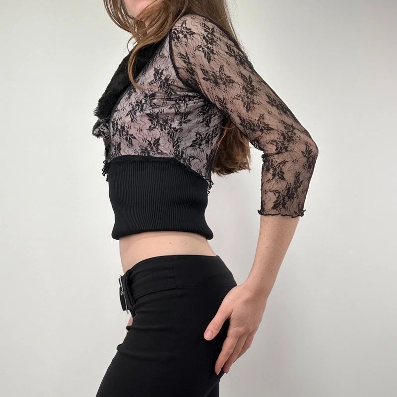 Lace Cropped Cardigan with Faux Fur Collar