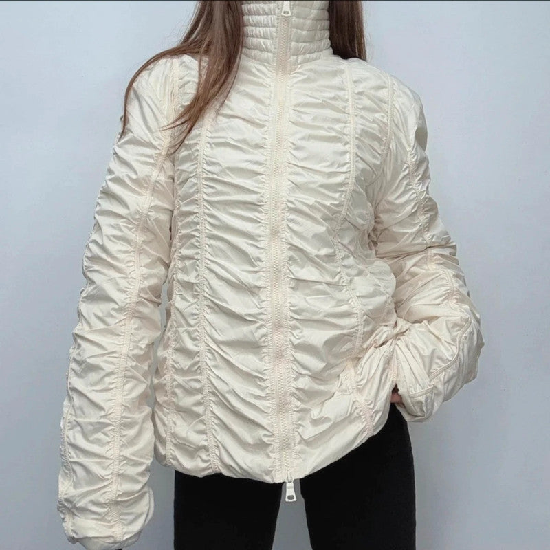 Pleated gathered cinched cream puffer jacket
