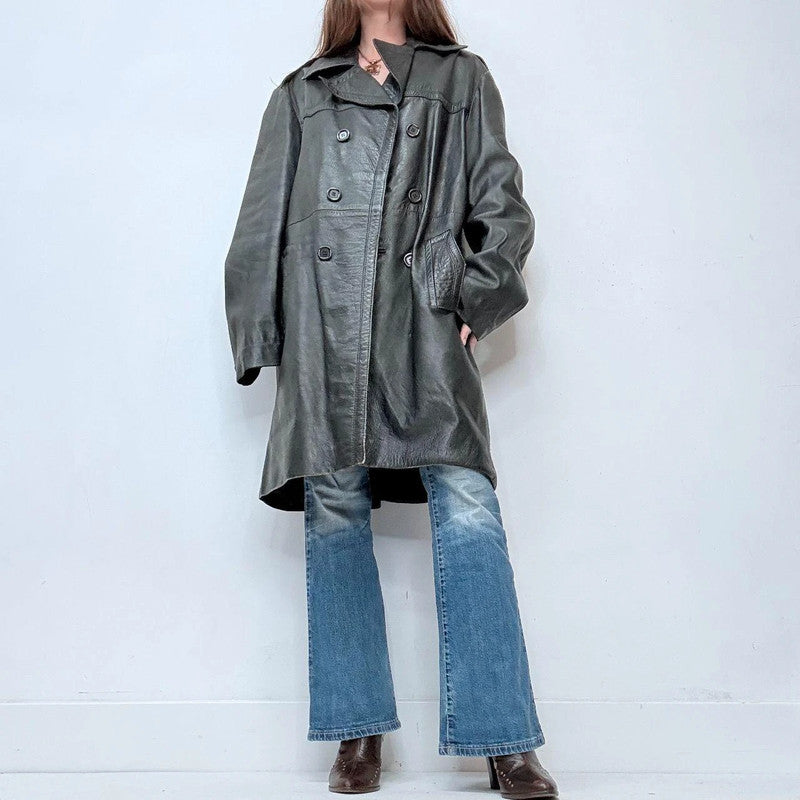 oversized black leather grunge trench coat