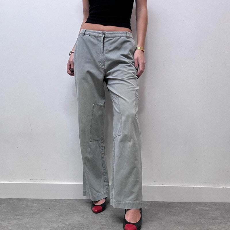 wide leg flared khaki distressed utility trousers