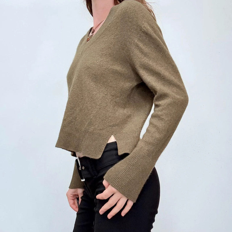 khaki slouchy wool knitted v-neck jumper