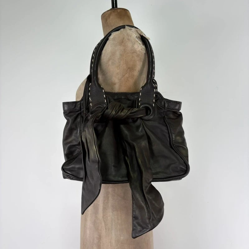 brown leather shimmer bow slouchy Y2K hobo handbag