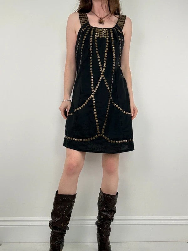 black linen metal gold studded mini Y2K party dress