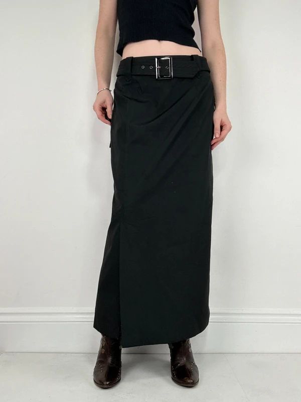 black a-line maxi belted skirt
