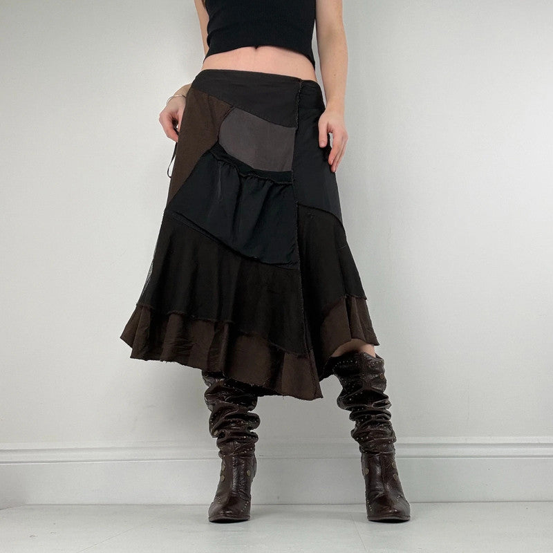 panelled patchwork asymmetric black midi skirt