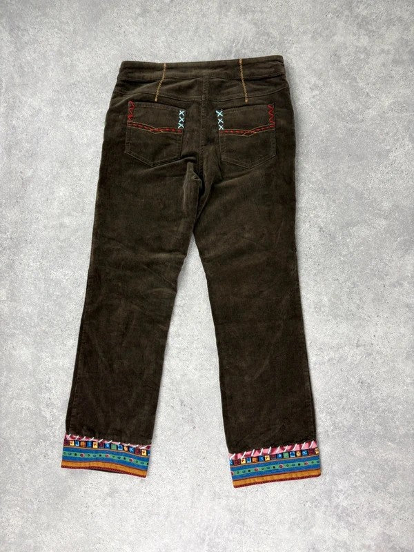 khaki corduroy embroidered hippy capri trousers