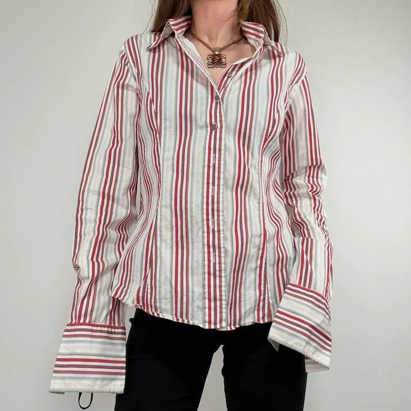 pinstripe preppy fitted flared white and red shirt