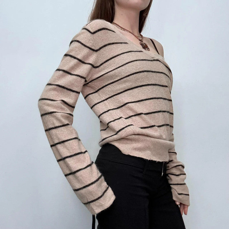 tan pinstripe wide neck slouchy jumper