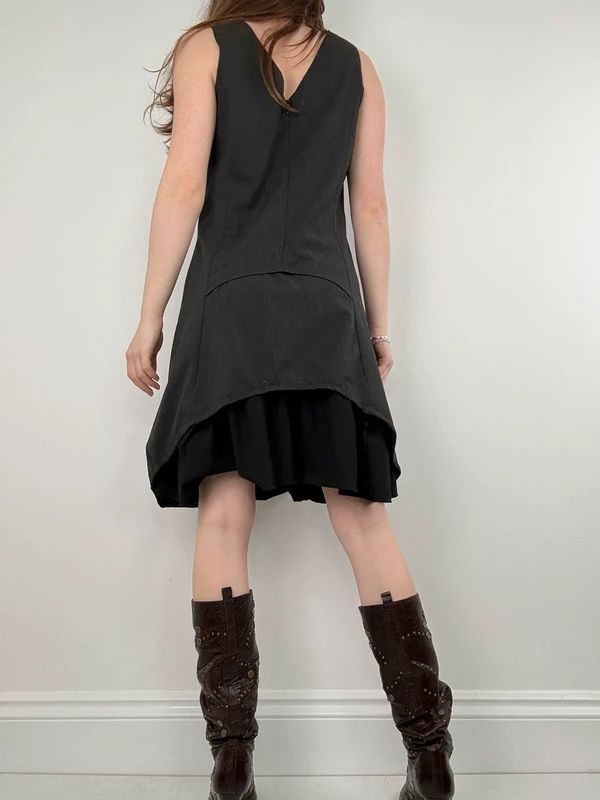 black deconstructed flared midi dress